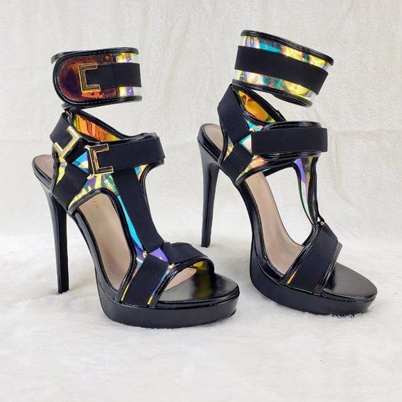 Sexy Mini Platform 5" High Heel Harness Strap Shoes Black - Picture 2 of 9